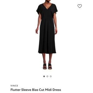 Vince Flutter Sleeve Bias Cut Midi Dress Black V‎ Neck Side Zip Size 2 Classic